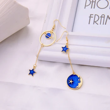 Asimetrična Moda Plava Boja Emajl Mjesec-Zvijezda Naušnice Novi Dizajn Pad Naušnice Za Žene Prodaja Na Veliko