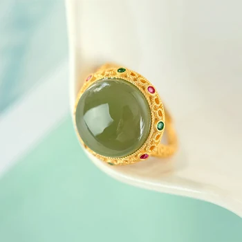 Novi dizajn optočena prirodni Хотан zeleni žad jaje lice šuplje boja циркониевое prsten otvaranje etnički stil pluća luksuzan nakit
