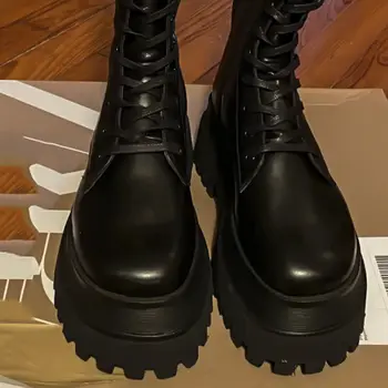 HOUZHOU/Ženske Visoke čizme na platformu; 2022 godine; Ženske cipele od crne Kože u gotičkom stilu; sezona Jesen-Zima; Dizajnerske cipele u stilu punk u stilu Харадзюку